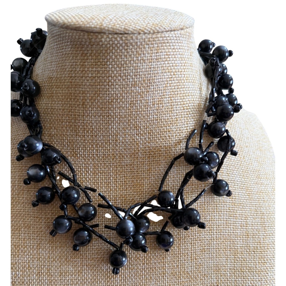 Black Beaded Cluster Statement Necklace Multi Strand  Vintage Style Chunky Goth